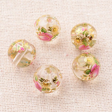 Flower Picture Printed Glass Round Beads GLAA-J087-12mm-A13-1