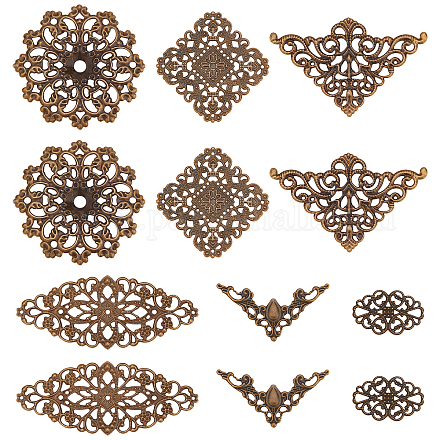 SUNNYCLUE 1 Box 60Pcs 6 Styles Antique Bronze Filigree Metal Filigree Pieces Iron Flower Embellishment Hollow Tibetan Charm for Jewelry Making Charms Choker Necklace Bracelet Earrings DIY Accessories IFIN-SC0001-45-1