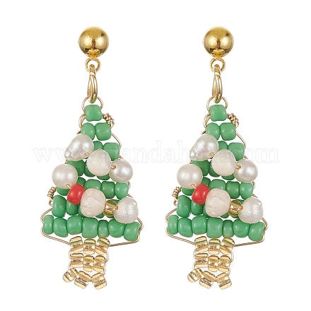 Boucles d'oreilles pendantes en forme d'arbre de Noël en perles de verre EJEW-JE05273-1