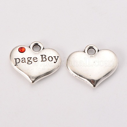 Wedding Theme Antique Silver Tone Tibetan Style Heart with Page Boy Rhinestone Charms X-TIBEP-N005-14C-1