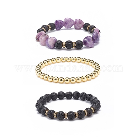 3 pièces 3 style coeur pierre de mica violet naturel et roche de lave et hématite synthétique perlé ensemble de bracelets extensibles BJEW-JB08736-1