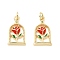 Brass Enamel Pendants, with Jump Rings, Arch with Rose Charms, Rack Plating, Real 18K Gold Plated, Lead Free & Cadmium Free, Long-Lasting Plated, Red, 15.5x9.5x2mm, Hole: 2.2mm