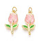 Brass Enamel Pendants, with Jump Ring, Flower Charm, Real 18K Gold Plated, 22.5x11.5x4mm, Hole: 3.5mm
