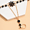 Flower Alloy Finger Ring Bracelets for Women, Golden, Black, 7-1/2 inch(19cm)