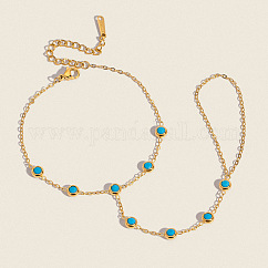Bracelets à maillons en acier inoxydable 304 sertis de turquoise synthétique pavée, bracelets chaîne câblée pour femmes, plat rond, Plaqué longue durée, véritable 18k plaqué or, 7.28 pouce (18.5 cm)