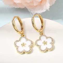 Orecchini pendenti a cerchio in ottone con micro pavé di zirconi cubici trasparenti e smalto., fiore, placcatura cremagliera, placcato di lunga durata,  cadmio& piombo libero, vero placcato oro 18k, bianco, 29.5x13.5mm