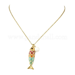 Colliers pour femmes avec pendentif poisson coloré en acier inoxydable 304 émaillé et perle Edison naturelle&nbsp;NJEW-JN06126