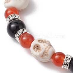 Halloween Totenkopf synthetischer Türkis & natürlicher roter Achat & schwarzer Onyx Perlen Stretch-Armbänder&nbsp;BJEW-TA00485