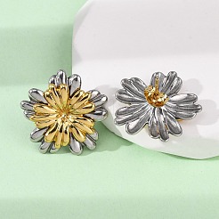 Pendientes de botón con forma de flor de dos tonos de acero inoxidable 304&nbsp;EJEW-L304-10GP