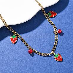 Colliers pendentif fraise en acier inoxydable 304 émail rouge pour femmes&nbsp;NJEW-F346-05G