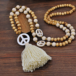 Mala-Halsketten mit Peace-Zeichen aus Holz und synthetischen türkisfarbenen Perlen mit Quaste für Frauen&nbsp;FS-WGC7FA0-01