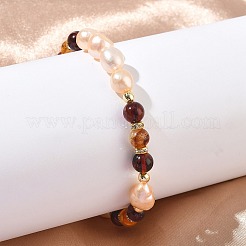 Elastische Armbänder aus natürlichen Süßwasserperlen und Bernstein für Damen&nbsp;BJEW-JB13723