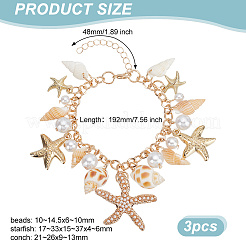 3 Stück natürliche Muschelschale & Seestern aus Legierung & CCB-Kunststoffperlen-Charm-Armband&nbsp;BJEW-PH0004-35
