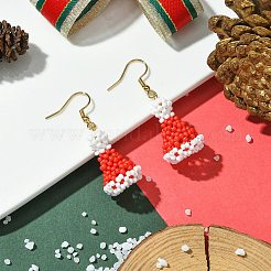 Orecchini pendenti intrecciati con semi di vetro e cappello di Natale&nbsp;EJEW-MZ00234