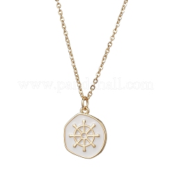 Collar con colgante redondo plano de acero inoxidable 304 con esmalte blanco de latón y verano oceánico para mujer&nbsp;NJEW-JN05543