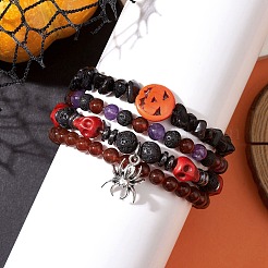 4 Stück Stretch-Armband-Set mit Halloween-Totenkopf und Kürbis-Edelsteinperlen&nbsp;BJEW-TA00483