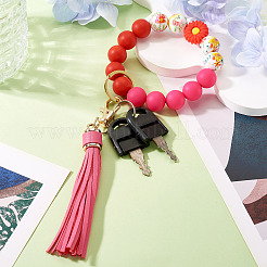 Porte-clés avec perles rondes en silicone et pompon en similicuir&nbsp;HJEW-TAC0135