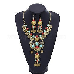 Ensembles de colliers et boucles d'oreilles pendantes en résine imitation turquoise rétro&nbsp;FS-WG8338B-01