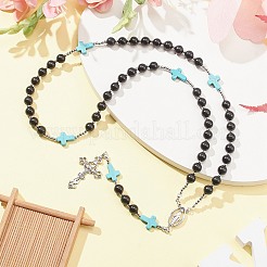 Collier de perles chapelet en turquoise synthétique et bois&nbsp;NJEW-JN04431