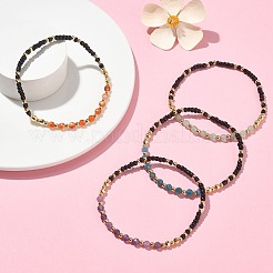 Ensemble de bracelets extensibles en perles de laiton et pierres précieuses naturelles mélangées&nbsp;BJEW-TA00340