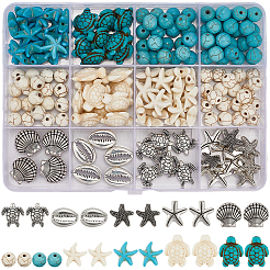 Ozean-Thema 100 Stück synthetischer Howlith & synthetischer Türkis & 30 Stück Legierungsperlen-Zubehörungssets im tibetischen Stil&nbsp;FIND-SC0016-56
