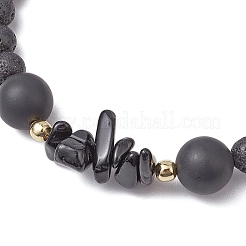 Braccialetti elastici in agata nera naturale con perline di roccia lavica naturale per le donne&nbsp;BJEW-JB11130-05