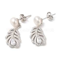 Boucles d'oreilles pendantes en forme de plume en zircone cubique anti-ternissement avec perle naturelle&nbsp;EJEW-F318-14P