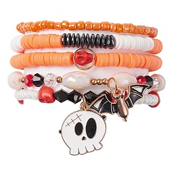 Set di 5 set di 5 braccialetti elasticizzati con teschio turchese sintetico tinto in stile&nbsp;BJEW-JB09430