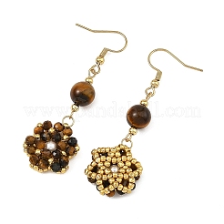 Orecchini pendenti intrecciati con perle naturali di occhio di tigre e conchiglia.&nbsp;EJEW-MZ00789-03