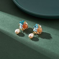 Natürliche Karneol- und Apatit-Perlenblume mit Muschelperlen-Ohrsteckern&nbsp;EJEW-TA00163