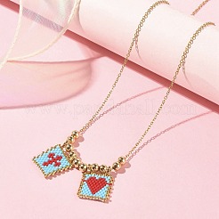Rectangle avec croix et coeur collier pendentif en perles de rocaille de verre&nbsp;NJEW-MZ00015-02