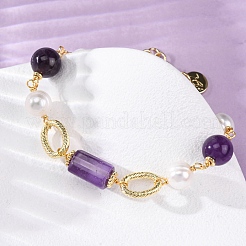 Bracelets à maillons en perles rondes d'améthyste naturelle et de perles pour femmes&nbsp;BJEW-Q039-01G