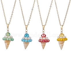 4 pièce de 4 couleurs de coquillage en spirale naturelle et de rondelles à facettes en verre galvanisé avec pendentif en forme de crème glacée&nbsp;NJEW-TA00213