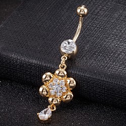 Piercing Jewelry, Brass Cubic Zirconia Navel Ring, Belly Rings, with 304 Stainless Steel Bar, Cadmium Free & Lead Free, Real 18K Gold Plated, Flower, Clear, 55x15mm, Bar Length: 3/8