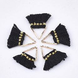 Adornos de borla de polycotton (poliéster algodón) decoraciones, Mini borla, con fornituras de latón, triángulo, dorado, negro, 14~15x12~15x2mm, agujero: 7x6 mm