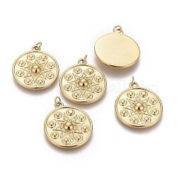 Ion Plating(IP) 304 Stainless Steel Pendants, with Jump Rings, Flat Round with Star, Golden, 22x19x2.5mm, Hole: 2.8mm