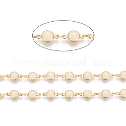 Handmade Brass Beaded Chains, with Enamel and Spool, Soldered, Long-Lasting Plated, Flat Round, Antique White, Real 18K Gold Plated, 7x12x3mm, 3x2x1mm, about 32.8 Feet(10m)/roll