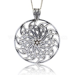 Alloy Big Pendants, Flat Round with Flower Pattern, Antique Silver, 64x52x4mm, Hole: 5x10mm