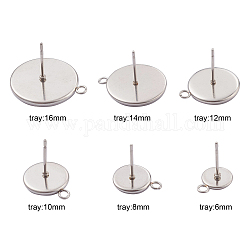 48Pcs 6 Size 304 Stainless Steel Stud Earring Settings, with Loop, Flat Round, Stainless Steel Color, 11~21x8~18x1.5~2mm, Hole: 1.8mm, Tray: 6~16mm, Pin: 0.8mm, 48pcs/box