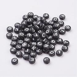 Lettere miste perline acriliche, rotondo e piatto, nero, circa7 mm di diametro, 4 mm di spessore, Foro: 1 mm, circa 350pcs/50g
