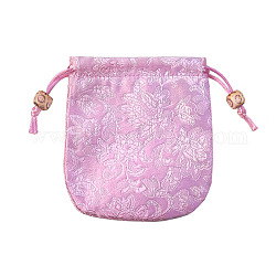 Bolsas de embalaje de joyería de satén con estampado de flores de estilo chino, bolsas de regalo con cordón, Rectángulo, ciruela, 10.5x10.5 cm