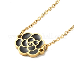 Black Enamel Flower Pendant Necklace with Plastic Pearl Beaded, Ion Plating(IP) 304 Stainless Steel Jewelry for Women, Golden, 23.23 inch(59cm)