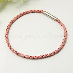 Braided Leather Cord Bracelet Making, with Brass Clasps, Platinum Metal Color, Flamingo, 190mm