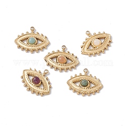 Natural Mixed Stone Pendants, with Ion Plating(IP) Real 24K Gold Plated 304 Stainless Steel Findings, Horse Eye Charm, 15x18x3.5mm, Hole: 1.5mm