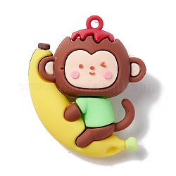 PVC Kunststoff Cartoon Anhänger, Affe mit Banane, Gelb, 49x40x21 mm, Bohrung: 3 mm