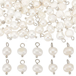 Creatcabin 70pcs encantos de perlas de agua dulce cultivadas naturales, con pasadores de cabeza esférica de latón en tono platino, oval, Platino, 10~12x6.5~8x4~5.5mm, agujero: 2.3~2.6 mm