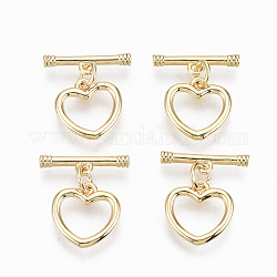 Brass Toggle Clasps, Nickel Free, Heart, Real 18K Gold Plated, 18mm, Bar: 15.5x4x2.5mm, Hole: 1mm, Heart: 12x12x1.5mm, Hole: 1mm, Jump Ring: 5x0.8mm, Inner Diameter: 3mm.