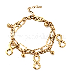Bracelet multirangs infini et breloque boule ronde, placage sous vide 304 bracelet double chaîne en acier inoxydable pour femme, or, 7-1/2 pouce (19 cm)