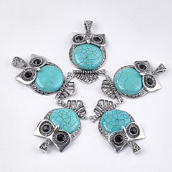 Synthetic Turquoise Big Pendants, with Rhinestone and Alloy Findings, Owl, Antique Silver, 50x32x9.5~10mm, Hole: 4.5x9mm