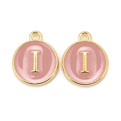 Golden Plated Alloy Enamel Charms, Cadmium Free & Lead Free, Enamelled Sequins, Flat Round with Letter, Pink, Letter.I, 14x12x2mm, Hole: 1.5mm
